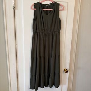 Kirundo Womens Olive Green Sleeveless Ruffle V-Neck Tiered Midi Dress XL